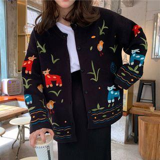 V-neck Embroidered Cardigan Black - One Size