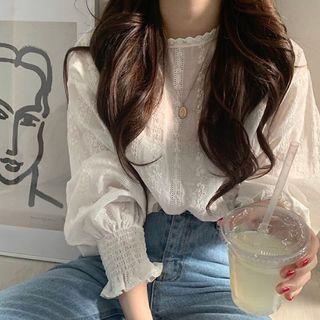 Lantern-sleeve Eyelet Blouse White - One Size