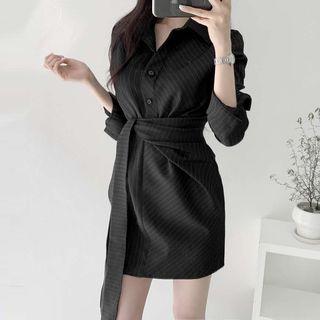 Long-sleeve Asymmetric Striped Mini Shirt Dress