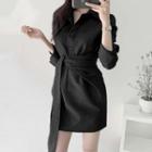 Long-sleeve Asymmetric Striped Mini Shirt Dress