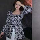 Puff-sleeve Floral Print Slit Blouse Floral - Black & White - One Size