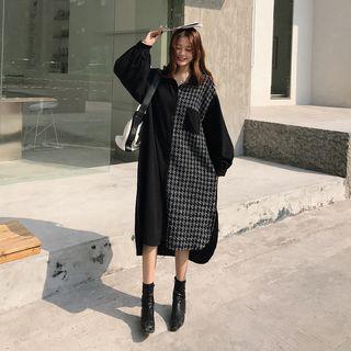 Plaid Panel Midi Shirt Dress 88100 - Black - One Size