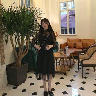 Long-sleeve Layered Mesh A-line Dress Black - One Size
