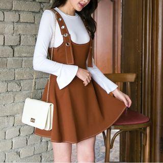Set: Flare-sleeve Top + A-line Jumper Dress