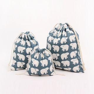 Linen Blend Polar Bear Patterned Drawstring Bag