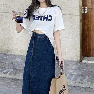 Set Of 2: Short-sleeve Lettering Print T-shirt + Denim Skirt