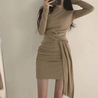 Long-sleeve Ribbed Drawstring Slim Fit Dress