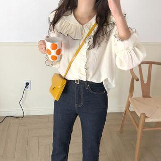 Peter Pan Collar Contrast Trim Ruffled Blouse