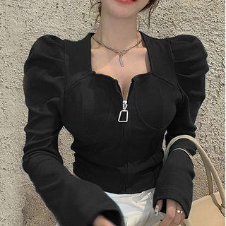Puff-sleeve Half-zip Top
