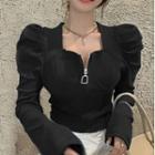 Puff-sleeve Half-zip Top