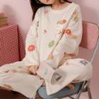 Loungewear Set : Long-sleeve Flower Print Top + Pants