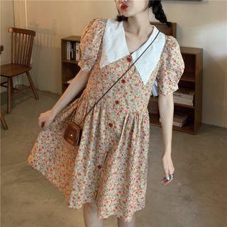 Short-sleeve Lace Collar Floral Printed Midi Dress