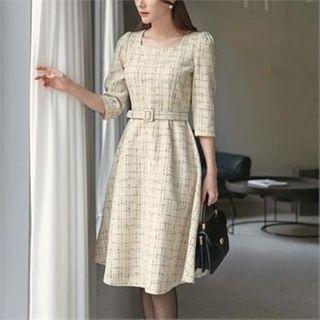 Square-neck 3/4-sleeve Check Dress With Belt