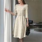 Square-neck 3/4-sleeve Check Dress With Belt