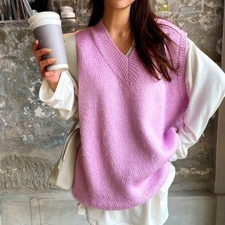 V-neck Knit Vest Violet - One Size
