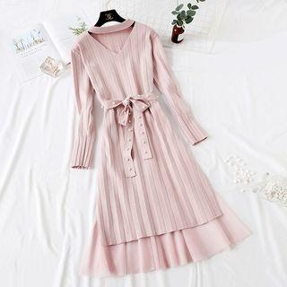 Set: Beaded Tie-waist Knit Dress + Mesh Skirt