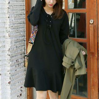 Long-sleeve Ruffled Dress Black - One Size