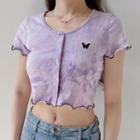 Short-sleeve Butterfly Embroidered Tie-dye Crop Top