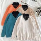 Mock Two-piece Mock-neck Lace Panel Cable-knit Sweater
