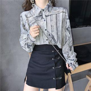 Print Long-sleeve Loose-fit Shirt / Pin-accent Pencil Skirt