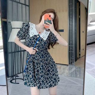 Print Short-sleeve Dress Navy Blue - One Size