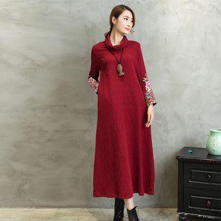Funnel Neck Embroidered Long-sleeve A-line Midi Dress