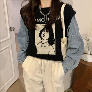 Mock Two-piece Denim Panel Cartoon Print Cropped Sweater