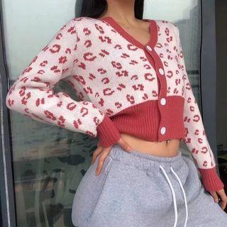 Long Sleeve Contrast-trim Leopard Print Crop Cardigan Red - One Size