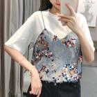 Sequined Mock Two-piece Short-sleeve T-shirt