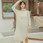 Turtleneck Slit Knit Dress Almond - One Size