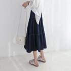 High-waist Washed Denim Two Tone A-line Skirt