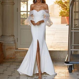 Off-shoulder Slit Maxi Mermaid Wedding Gown