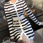 Long-sleeve Striped Knit Sheath Dress Black Stripes - White - One Size