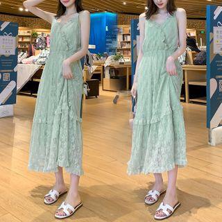 Spaghetti Strap Ruffled Midi A-line Lace Dress
