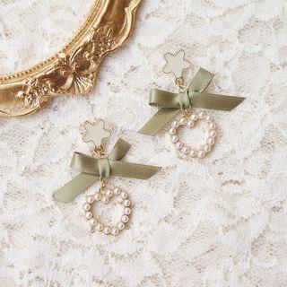 Heart Faux Pearl Ribbon Dangle Earring