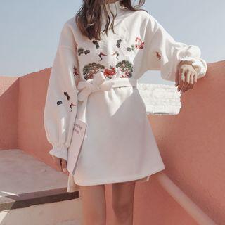 Mock Neck Embroidery Long-sleeve A-line Dress
