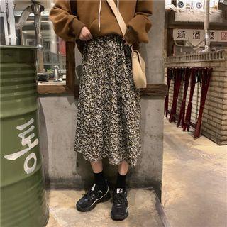 Floral Print Midi A-line Skirt Skirt - Floral - Black & White - One Size