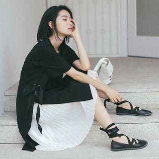 Set: Short-sleeve Tied Slit Dress + Pleated Slipdress