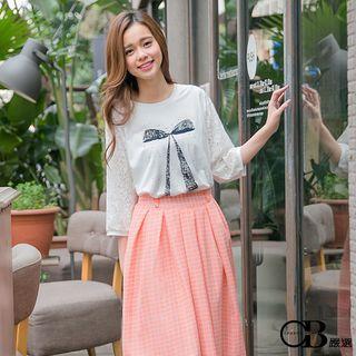 Lace 3/4-sleeve Bow-print Top