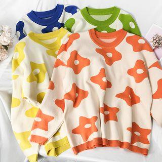 Flower-print Drop-shoulder Knit Top