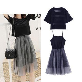Set: Bell-sleeve Top + Spaghetti Strap Midi Mesh Dress