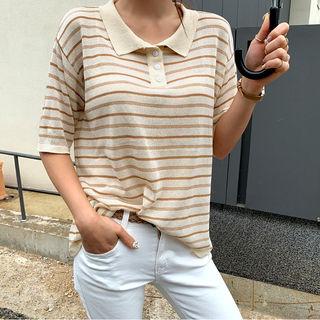 Linen Blend Knit Stripe Polo Shirt Beige - One Size