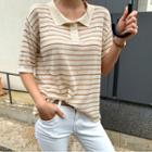 Linen Blend Knit Stripe Polo Shirt Beige - One Size
