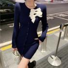 Long-sleeve Bow Accent Button-up Knit Mini Sheath Dress