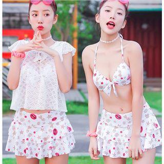 Set: Floral Bikini Top + Lace Top + Swim Skirt
