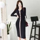 Color Block Long-sleeve Knit Dress Black - One Size
