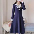 Long-sleeve Sailor Collar Midi A-line Knit Dress Dark Blue - One Size