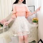 Set: Elbow-sleeve Cold Shoulder Top + Floral A-line Mini Skirt