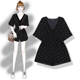 Short-sleeve Dotted Wide-leg Playsuit Black - One Size