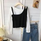 Diagonal Shoulder Double Shoulder Small Tank Top + Long-sleeve T-shirt White - One Size